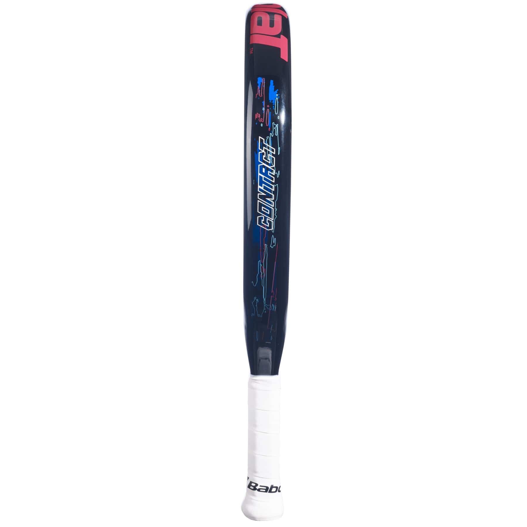 The Babolat Contact Padel Racket by Babolat features blue and pink graphics with a white grip, making it an ideal choice for those seeking both style and performance in a beginner padel racket.