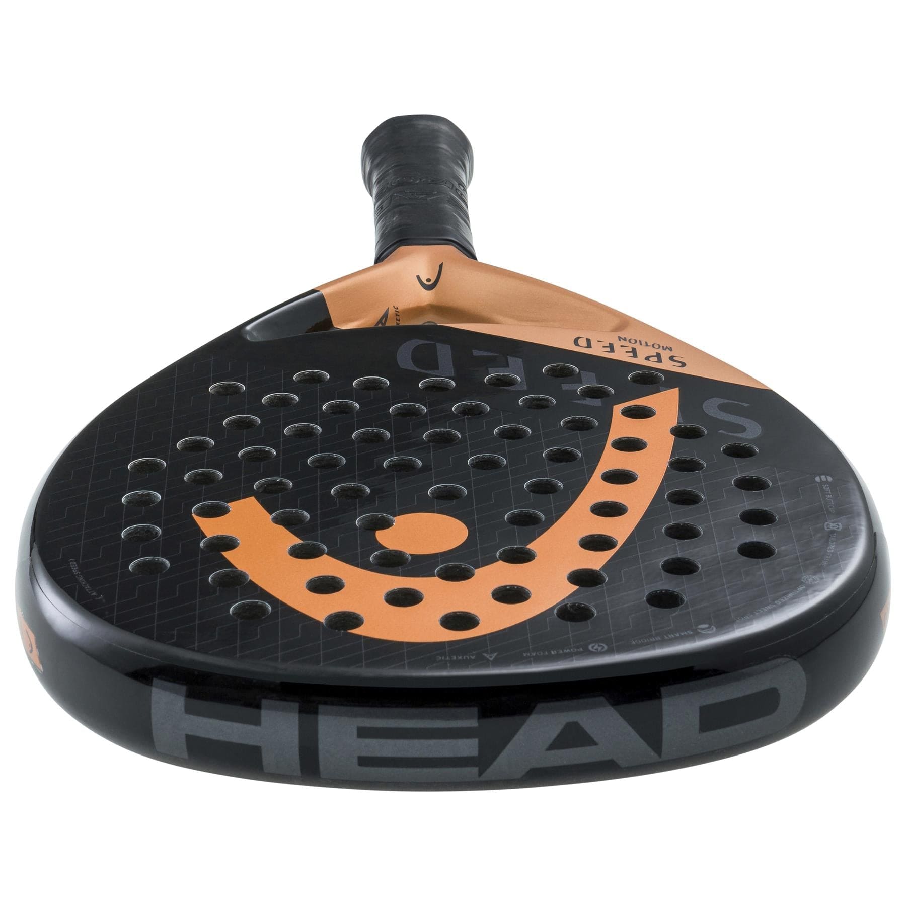A close-up of the HEAD Speed Motion 2023 Padel Racket by HEAD, showcasing its Auxetic technology, black and orange perforated face, "HEAD" and "SPEED" logos, and a black grip handle.