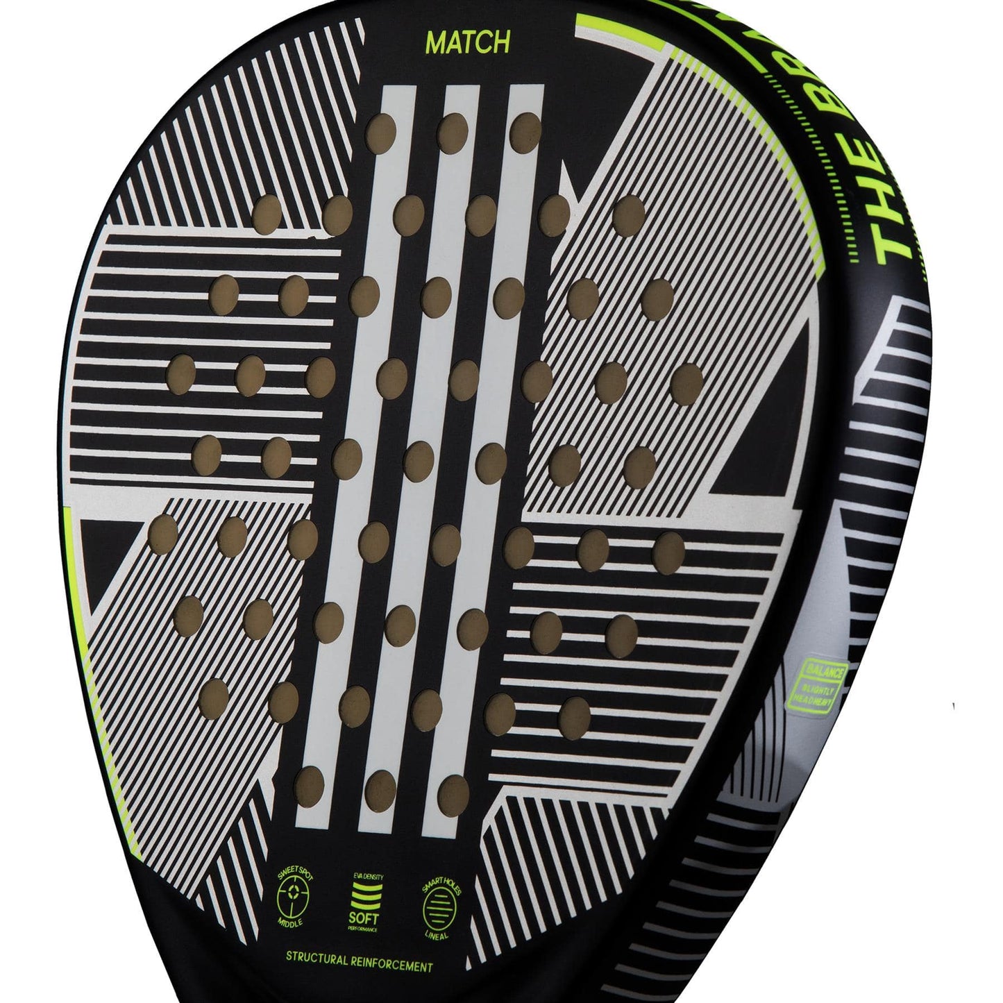 Close-up of the adidas Match 3.3 Black / Lime Padel Racket, featuring a modern teardrop design with white geometric lines, circular holes, lime green accents, and "MATCH" plus specs displayed near the handle.