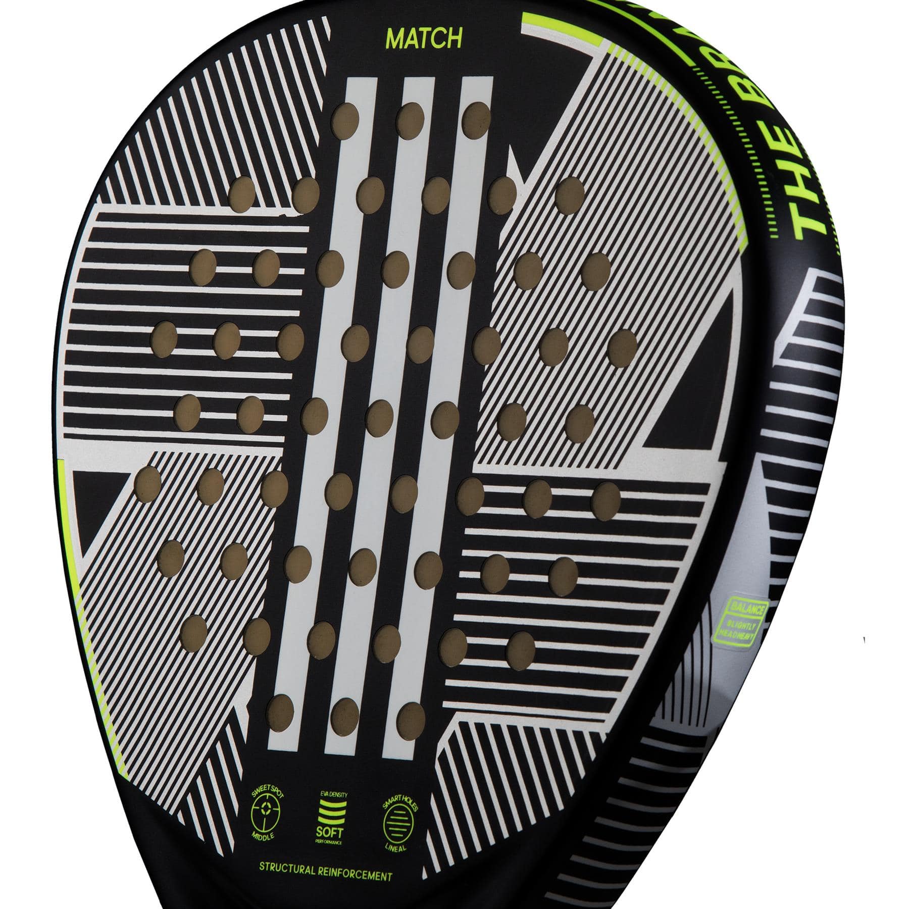 Close-up of the adidas Match 3.3 Black / Lime Padel Racket, featuring a modern teardrop design with white geometric lines, circular holes, lime green accents, and "MATCH" plus specs displayed near the handle.
