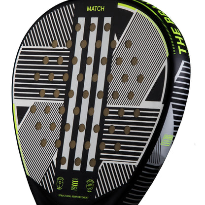 Close-up of the adidas Match 3.3 Black / Lime Padel Racket, featuring a modern teardrop design with white geometric lines, circular holes, lime green accents, and "MATCH" plus specs displayed near the handle.