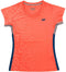 The Yonex YTL11 Womens Padel T-Shirt - Sunset features a bright coral hue, geometric pattern, navy side panels, chest logo, round neckline, and fitted design in quick-drying performance fabric.