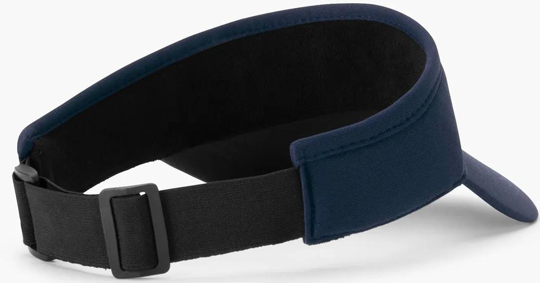 The Yonex 40126EX Padel Visor in navy blue features lightweight polyester and a black adjustable strap with buckle, shown from the rear side angle against a white background for a customizable fit.