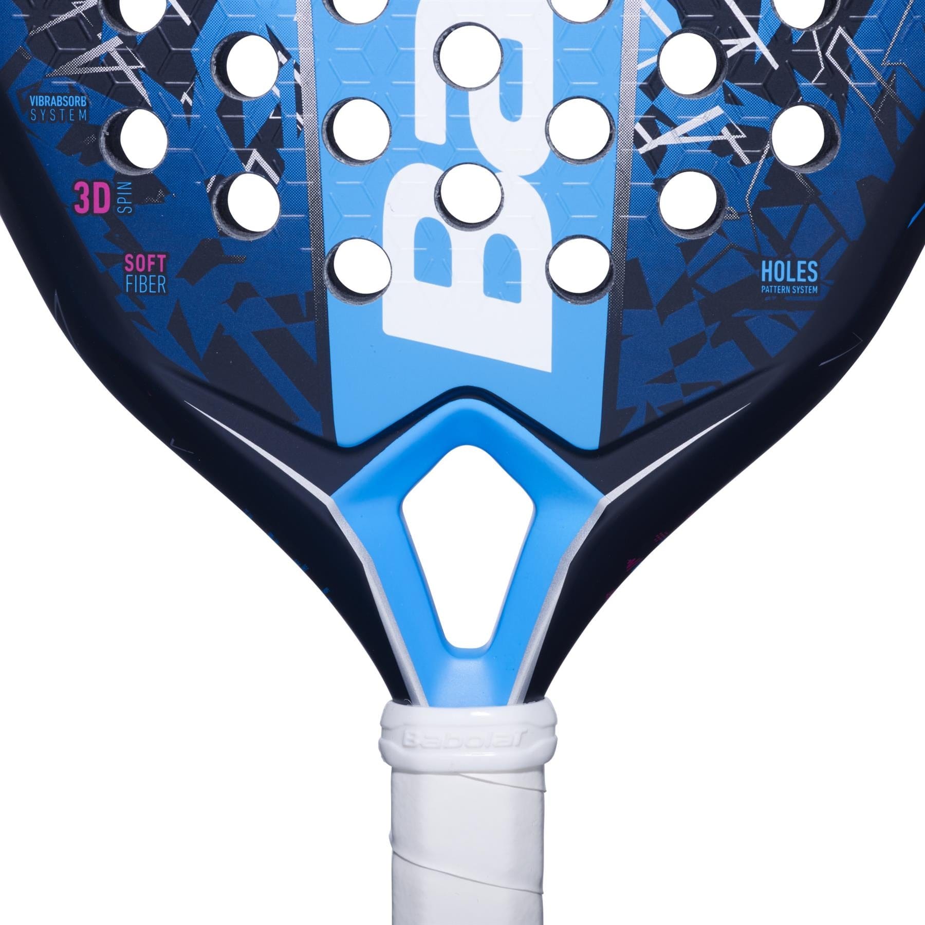 Close-up of the Babolat Air Vertuo 2.5 Padel Racket in blue and black with a white grip, showing circular holes, geometric patterns, and details like "3D," "Soft Fiber," and "Holes Pattern System" on this lightweight Babolat racket.