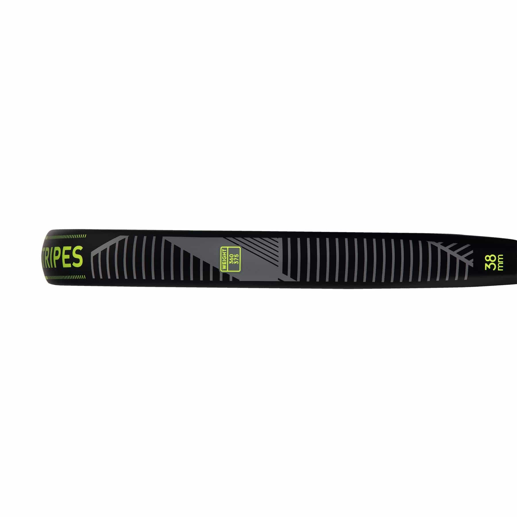 A close-up of the adidas ADIDAS Match 3.3 Black / Lime Padel Racket, teardrop-shaped with black and lime accents, showcases both its precision design and clear branding along the edge.