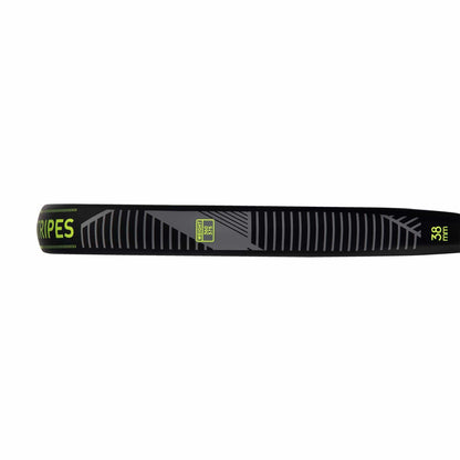 A close-up of the adidas ADIDAS Match 3.3 Black / Lime Padel Racket, teardrop-shaped with black and lime accents, showcases both its precision design and clear branding along the edge.