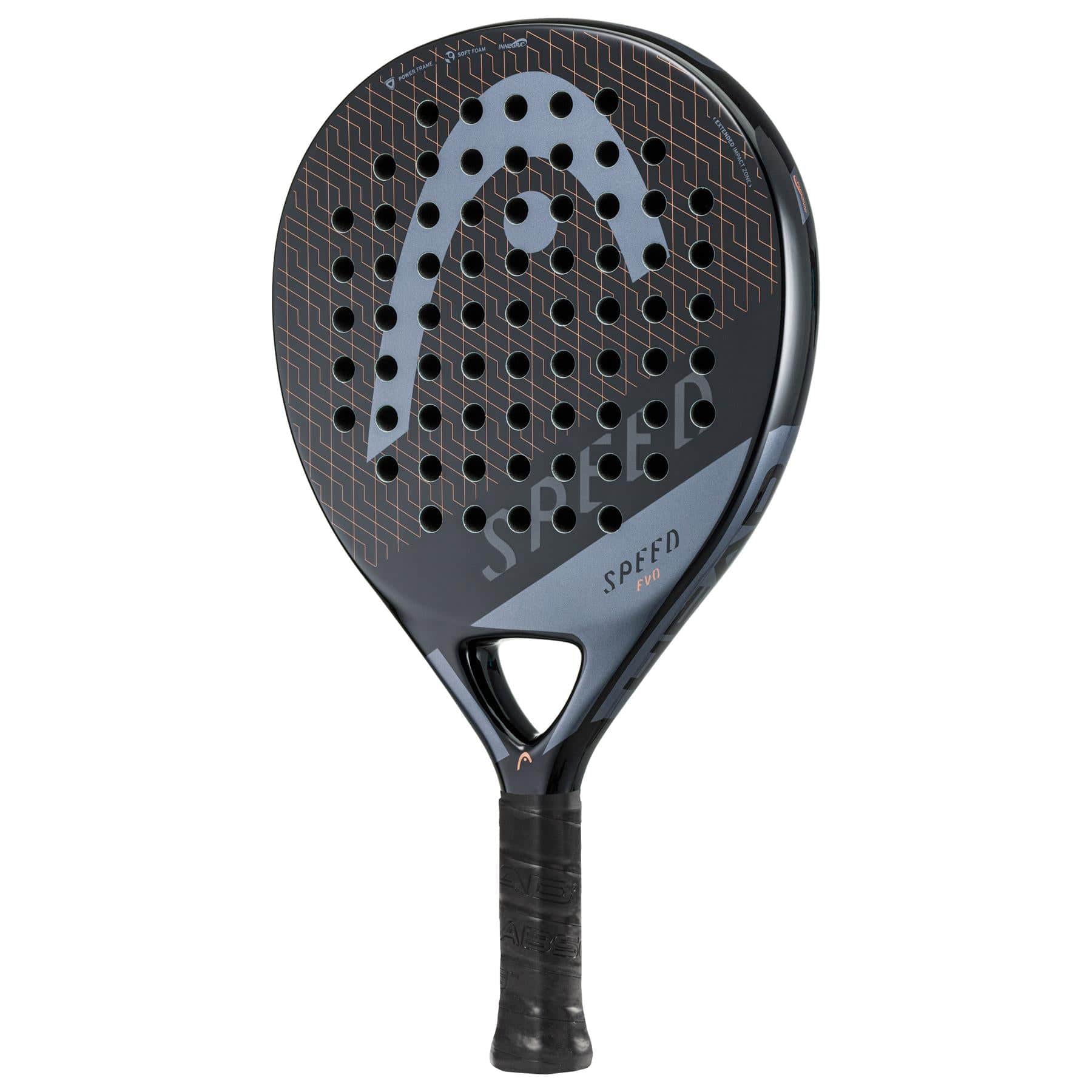 The HEAD Evo Speed 2023 Padel Racket by HEAD comes in black and dark gray with a perforated surface, "SPEED" branding, and logo. Its grip-taped handle offers comfort and power, making it perfect for beginners.