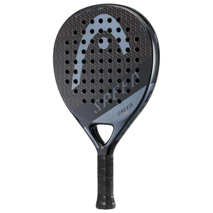 The HEAD Evo Speed 2023 Padel Racket by HEAD comes in black and dark gray with a perforated surface, "SPEED" branding, and logo. Its grip-taped handle offers comfort and power, making it perfect for beginners.