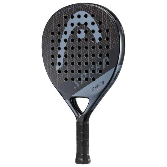 The HEAD Evo Speed 2023 Padel Racket by HEAD comes in black and dark gray with a perforated surface, "SPEED" branding, and logo. Its grip-taped handle offers comfort and power, making it perfect for beginners.