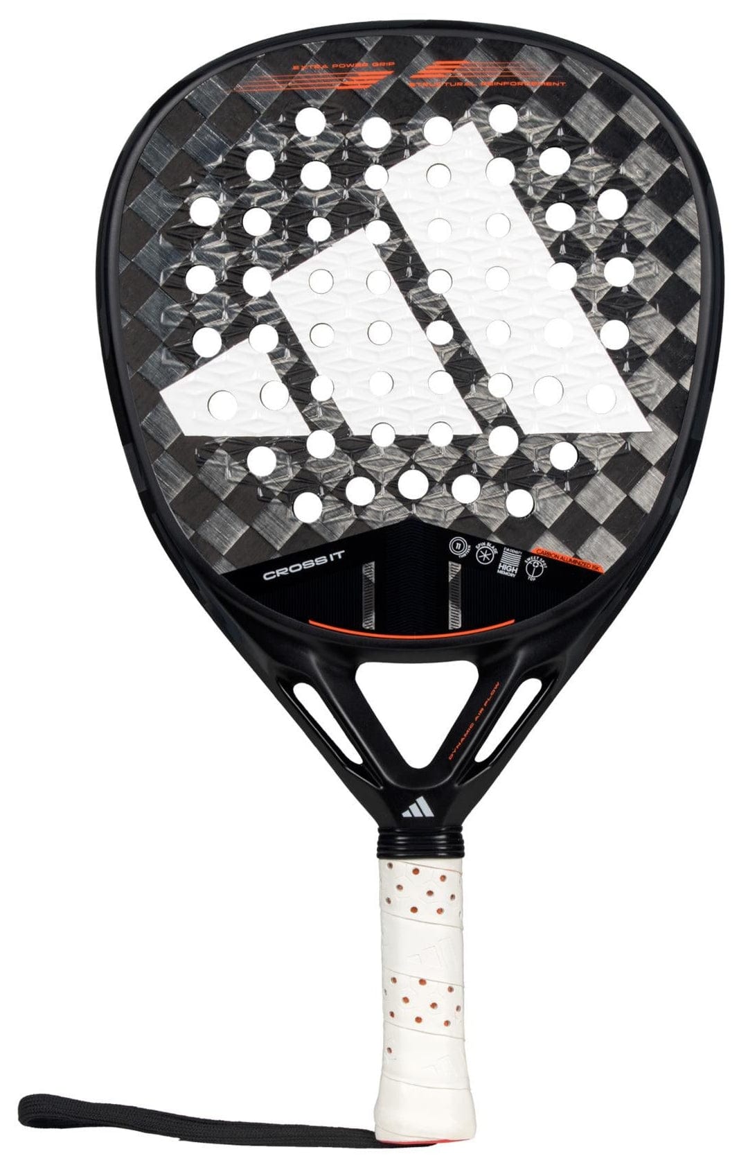 The adidas Cross It 3.4 Padel Racket features a black and gray design, Carbon 15K face, white and red grip, large adidas logo, circular holes for aerodynamics, and a black wrist strap—ideal for aggressive players.