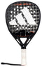 The adidas Cross It 3.4 Padel Racket features a black and gray design, Carbon 15K face, white and red grip, large adidas logo, circular holes for aerodynamics, and a black wrist strap—ideal for aggressive players.