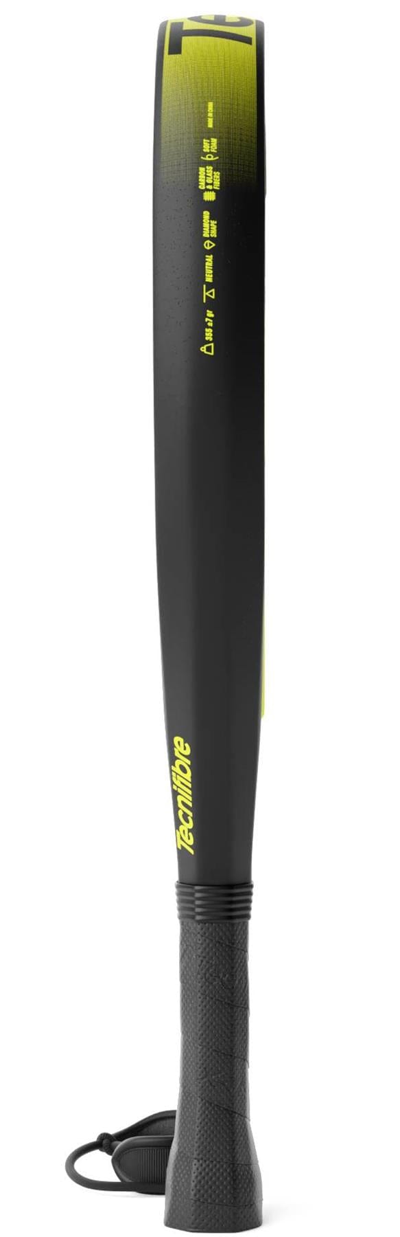 The Tecnifibre Bomba Soft Padel Racket by Tecnifibre features a black and yellow design with a textured handle and wrist strap, shown upright with the flat side facing forward, shaped for comfort like a padel racket.