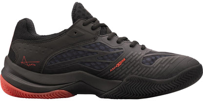 The NOX AT10 Lux Men's Padel Shoes in black/red feature mesh panels, red accents, and "AEROSOFT" on the side—Athletic sneakers inspired by Agustin Tapia, ideal for fans of the Best Power Padel Shoe.