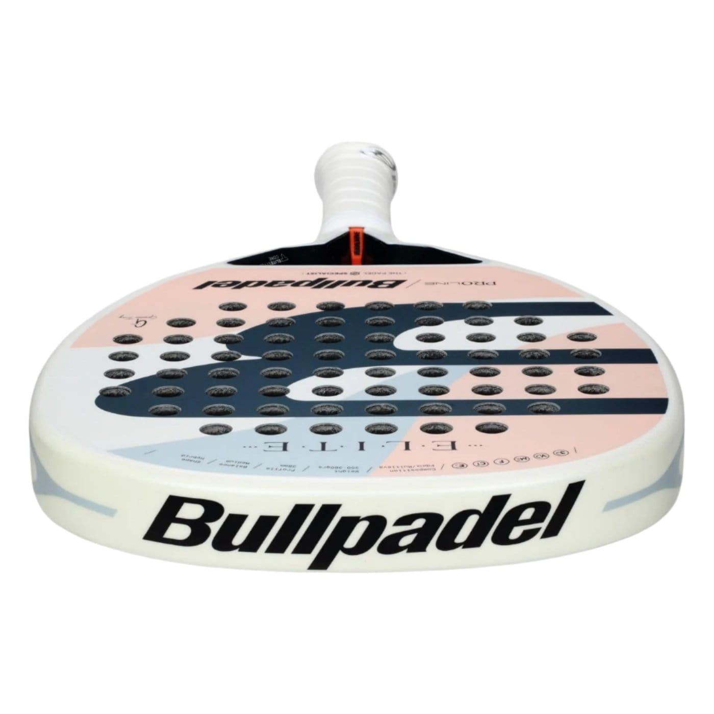The Bullpadel Elite W 2025 padel racket features a white handle, round face with pastel pink, black, and blue geometric design, multiple holes, and the Bullpadel logo—perfect for Gemma Triay fans.