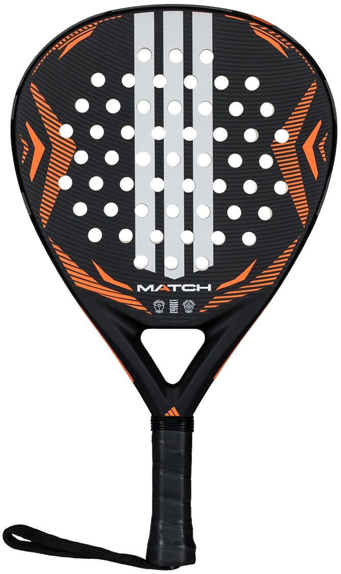 The adidas ADIDAS Match Black 2026 Padel Racket features a black teardrop shape with orange accents, a textured face with circular holes, white central stripes, and a black grip with wrist strap—ideal for beginners.