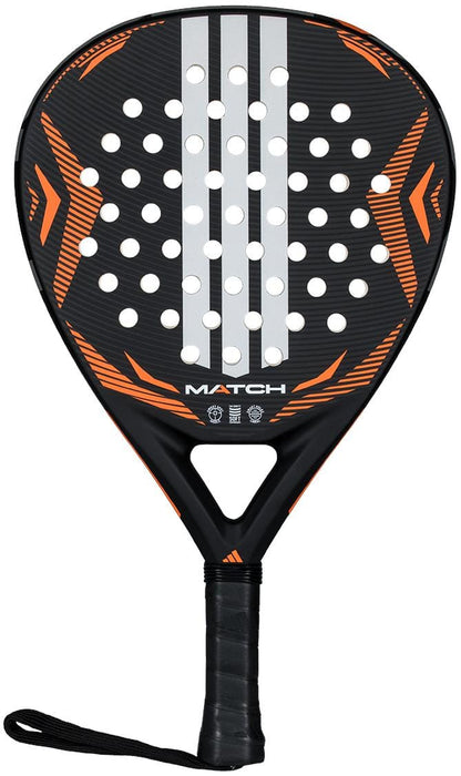 The adidas ADIDAS Match Black 2026 Padel Racket features a black teardrop shape with orange accents, a textured face with circular holes, white central stripes, and a black grip with wrist strap—ideal for beginners.