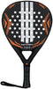 The adidas ADIDAS Match Black 2026 Padel Racket features a black teardrop shape with orange accents, a textured face with circular holes, white central stripes, and a black grip with wrist strap—ideal for beginners.