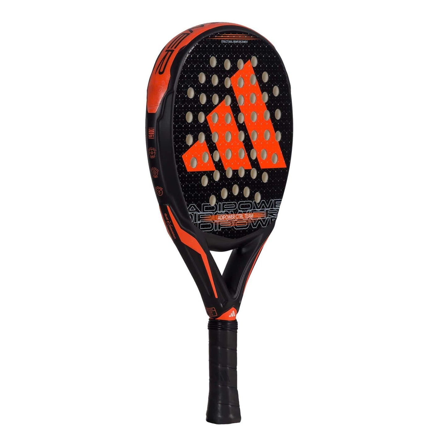 The adidas Adipower CTRL Team 3.3 Padel Racket features a black and orange design with a bold orange logo and perforated face, shown on a white background. This racket delivers impressive control for competitive players.