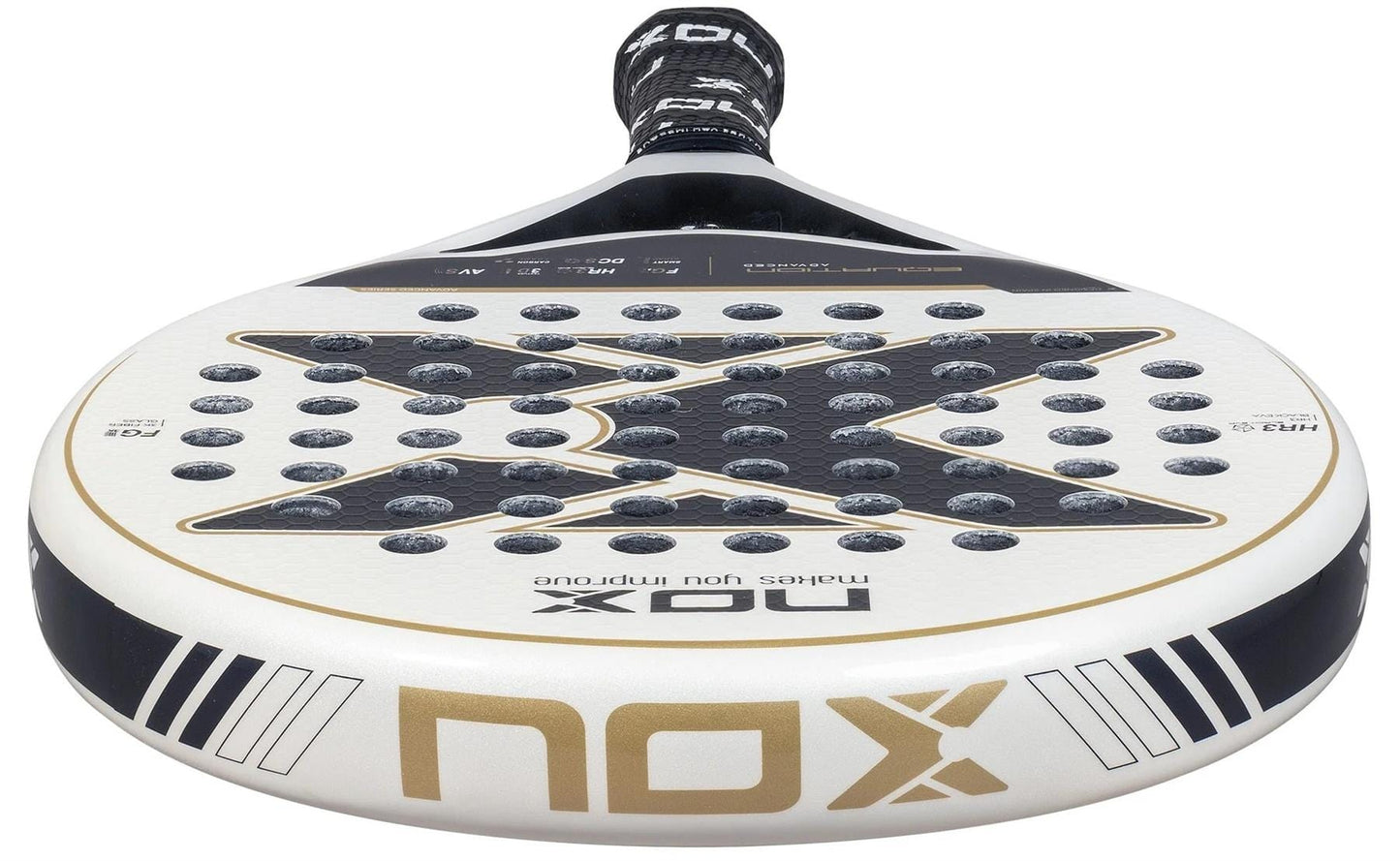 A close-up of the NOX Equation Advance Series Padel Racket for intermediate players, showing its rounded face with circular holes, black and gold design, NOX logo, and black grip tape on the handle.