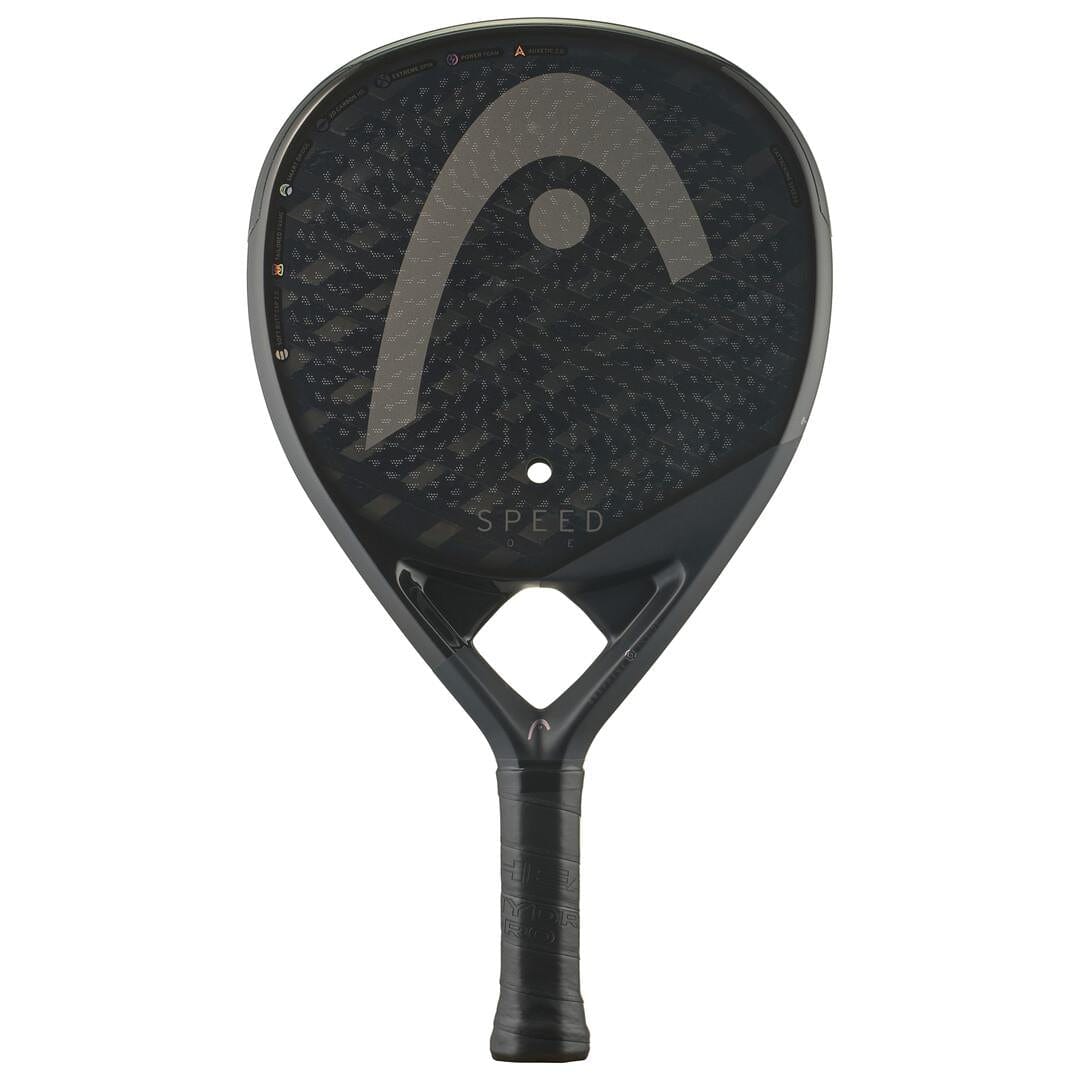 The HEAD Speed One 2025 Padel Racket, by HEAD, has a black textured carbon fiber surface, large gray logo, “SPEED” near the throat, and a black grip handle for great power and control.