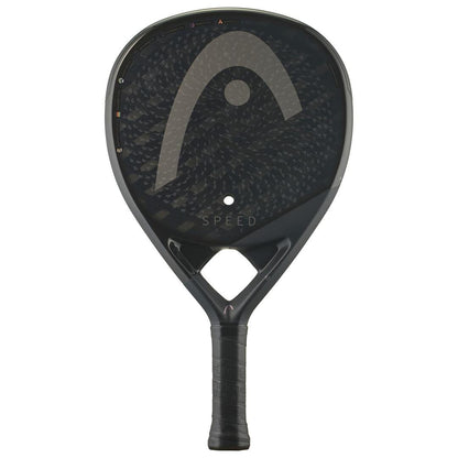 The HEAD Speed One 2025 Padel Racket, by HEAD, has a black textured carbon fiber surface, large gray logo, “SPEED” near the throat, and a black grip handle for great power and control.