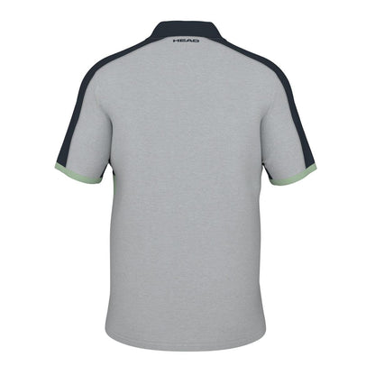 The HEAD Performance Play Tech Men's Polo Shirt - GRCE features a back view in light gray, accented with dark navy on the shoulders and light green trim on the sleeves. For added comfort, it includes enhanced breathability and Moisture Transfer Microfiber technology. The brand name "HEAD" is elegantly printed at the top of the collar.