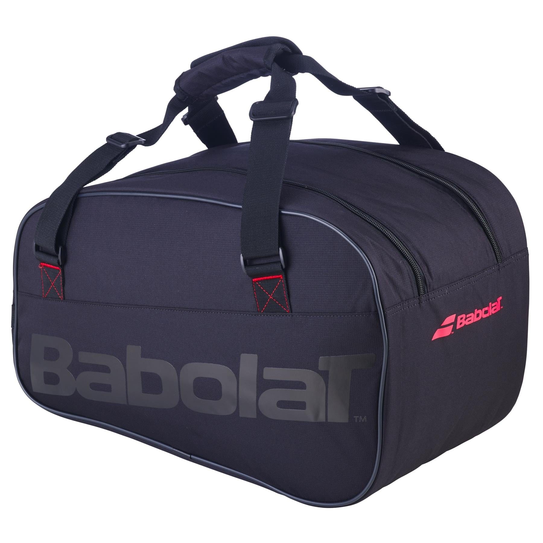 The Babolat RH Padel Lite Racket Bag in black boasts two compartments and ergonomic shoulder straps. Offering a 35L capacity, it is constructed from recycled PET material. The side of the bag prominently features the gray Babolat logo, complemented by a smaller red logo positioned near the zippered opening.
