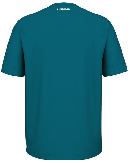 The HEAD Slice II Men's Padel T-Shirt in teal features short sleeves, polyester interlock fabric, Moisture Transfer Microfiber technology, and a small white logo near the collar.