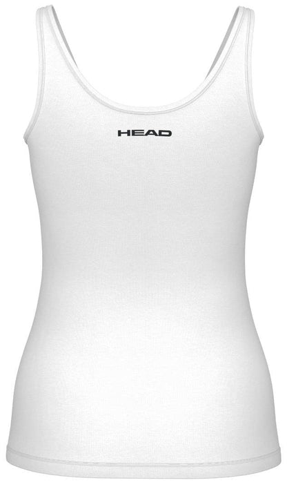 The HEAD Spirit II Women's Padel Tank Top in white prominently displays the HEAD brand in black on the chest and features a scoop neckline. It uses advanced cooling and Moisture Transfer Microfiber technology for superior comfort.