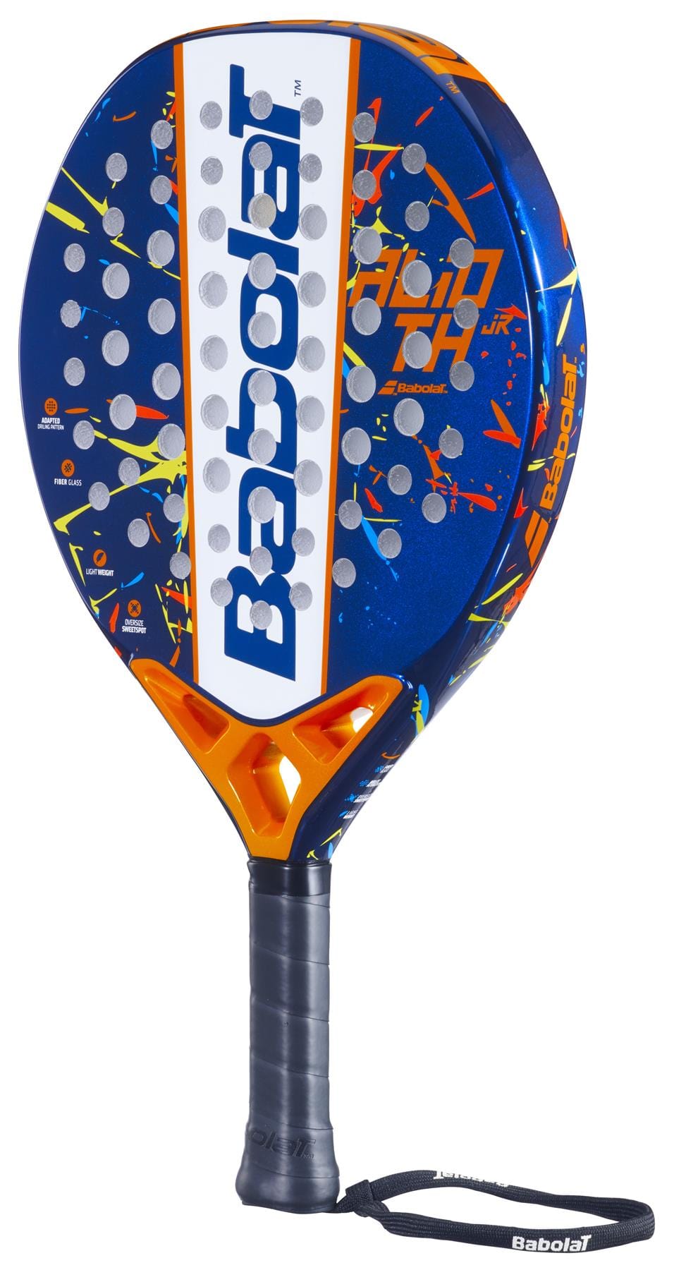 The Babolat Alioth Junior Padel Racket by Babolat is a blue kids’ racket with orange, white, and yellow accents, perforated face, black grip, adjustable wrist strap, and "Babolat" prominently displayed on the front.