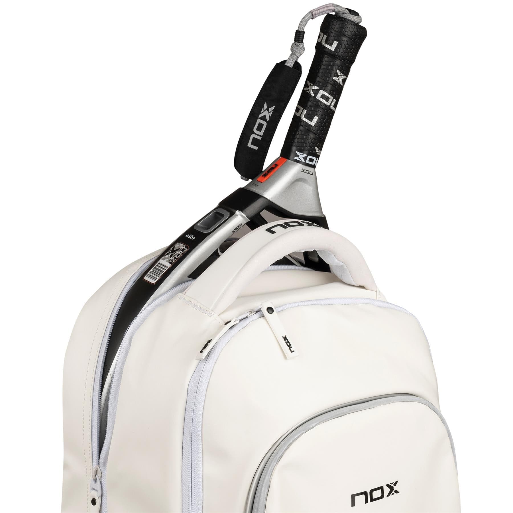 A close-up of the NOX Pro Series Padel Backpack - White by NOX shows its curved seams, front pocket with NOX logo, and a partially open zipper revealing a padel racket handle inside the main compartment.