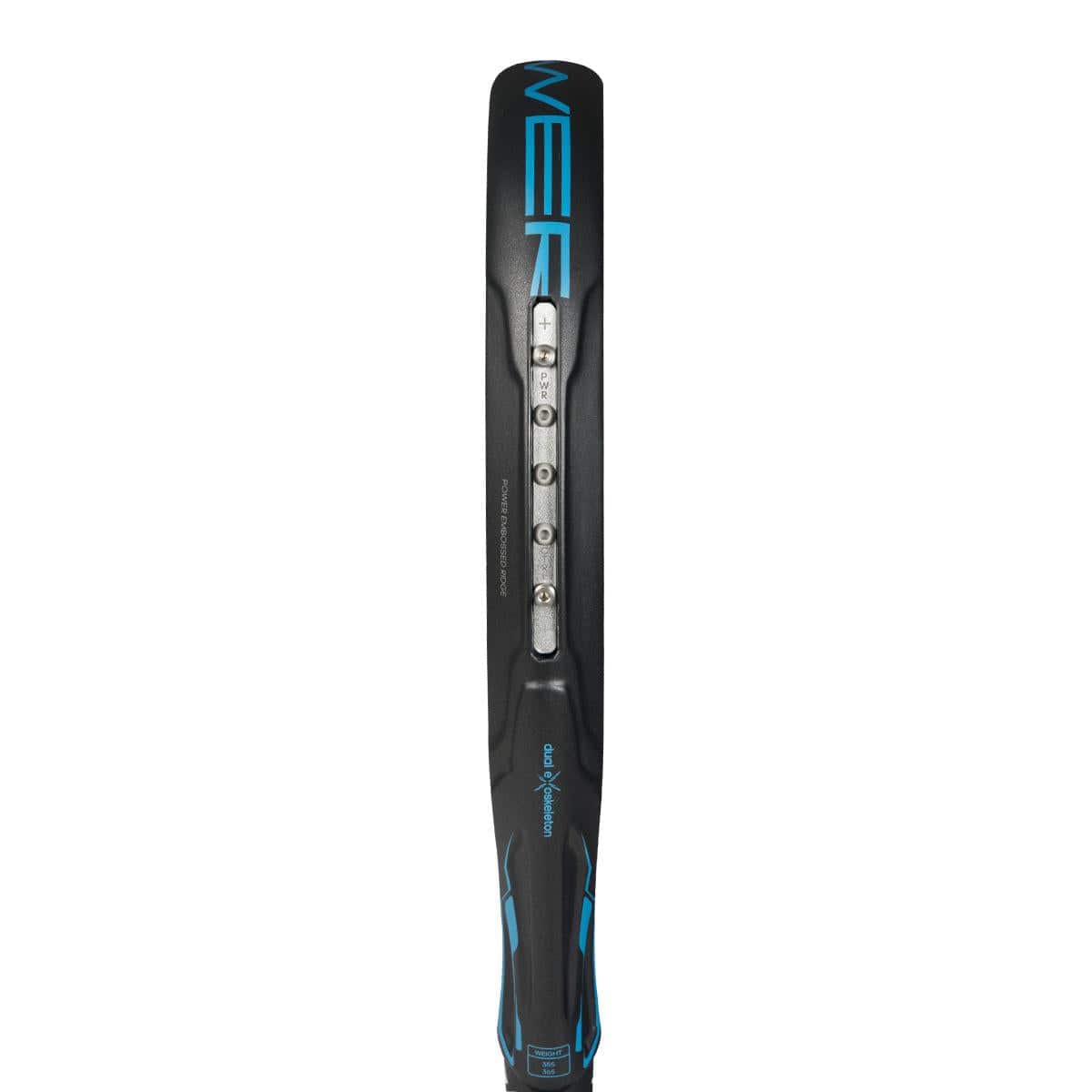 Close-up side view of the adidas ADIDAS Adipower Multiweight CTRL 3.4 Padel Racket with blue accents, showing its adjustable weight system, visible grommets, and “ADIPOWER” partially shown on the frame.