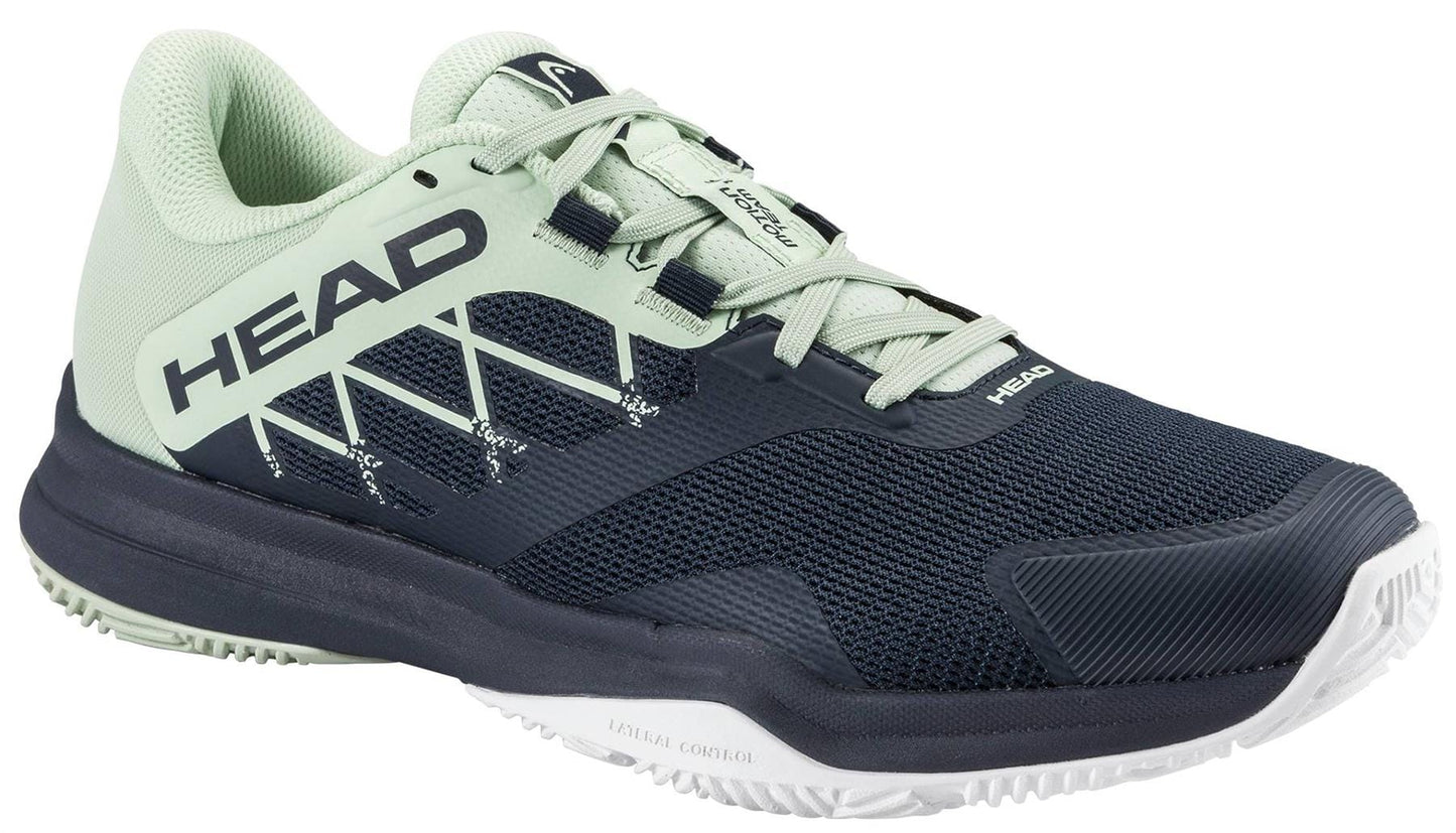The HEAD Motion Team 1.5 Mens Padel Shoes in blue and green feature a textured sole, mesh upper, and the HEAD logo on the side and tongue—perfect for players who value both comfort and style on the padel court.