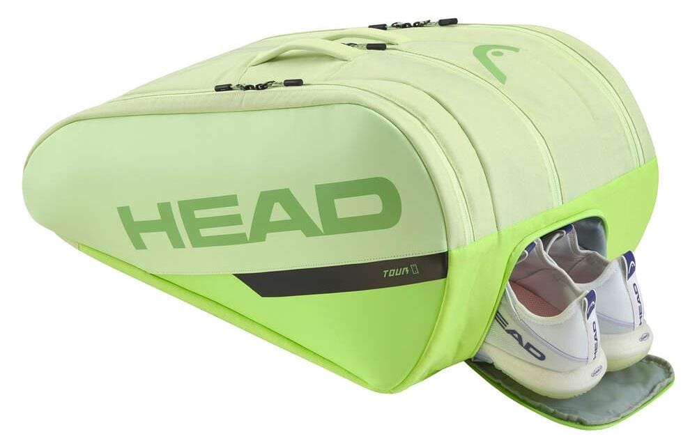 The HEAD Tour Padel Racket Bag L - SG in light green features climate control, a zippered side compartment with white HEAD tennis shoes visible, bold "HEAD" branding, and a top handle.