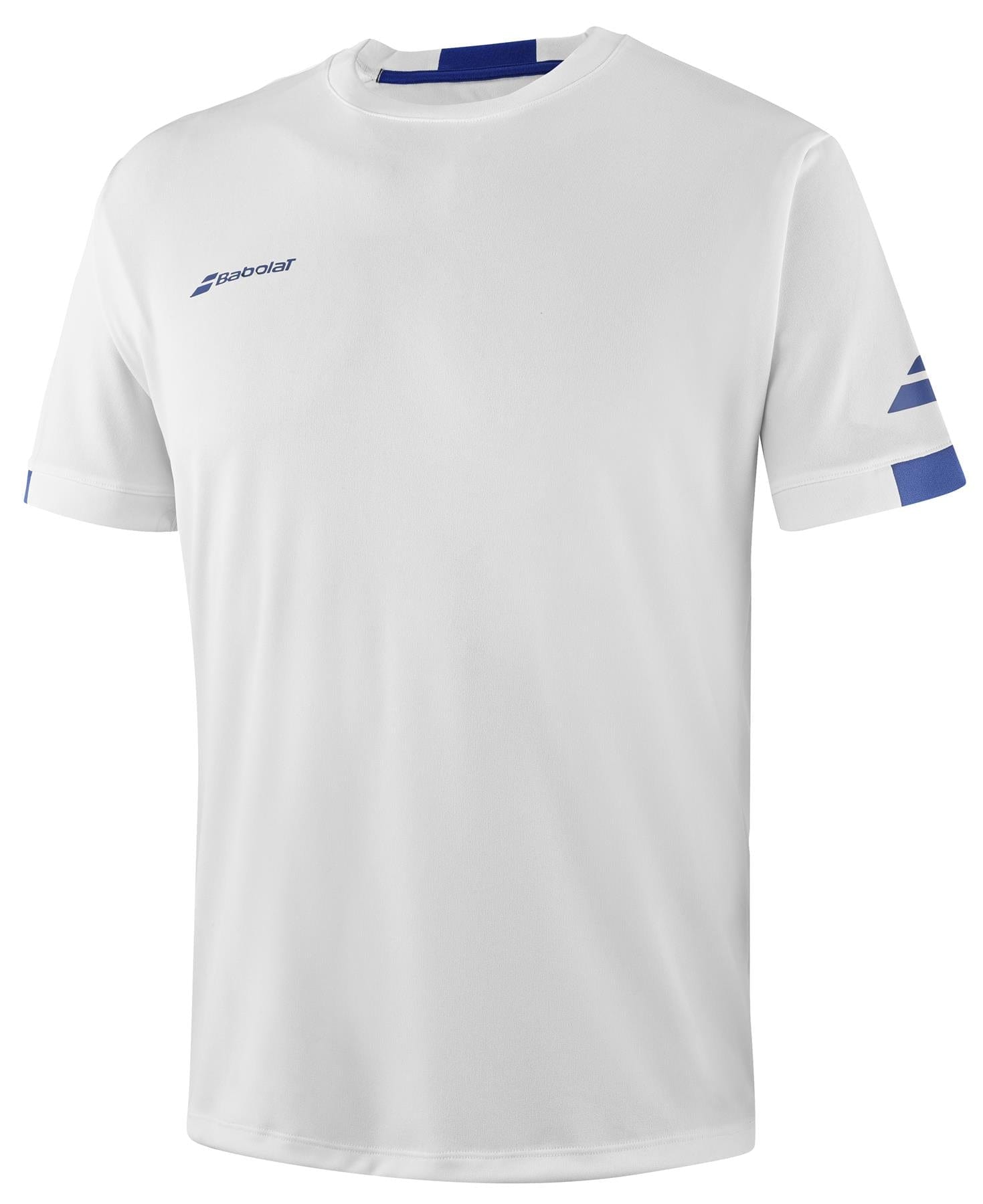 The Babolat Play Men's Crew Neck Padel T-Shirt in White is made from Fiber Dry-polyester and features stylish blue accents on the sleeves and neckline. It prominently displays the "Babolat" brand name in blue on both the chest and sleeve, offering a blend of style and performance.