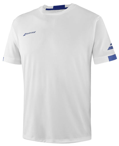 The Babolat Play Men's Crew Neck Padel T-Shirt in White is made from Fiber Dry-polyester and features stylish blue accents on the sleeves and neckline. It prominently displays the "Babolat" brand name in blue on both the chest and sleeve, offering a blend of style and performance.