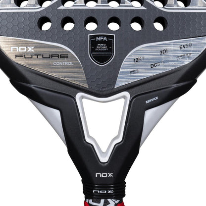 Close-up of the NOX NFA Future Control 12K Alum Padel Racket, showing its textured Carbon 12K surface, perforated holes, and branding details such as "NOX," "NFA," and model info.