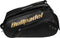 The Bullpadel BPP26006 Flow 2026 Padel Racket Bag in black features gold accents, thermal racket compartments, several zippered sections, and sturdy handles.
