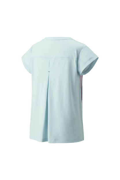 The Yonex 20764 Crew Neck Women's Padel T-Shirt in Crystal Blue features short sleeves and a pleated back detail, enhanced by colorful striped ribbon accents on the sides. This stylish piece is equipped with VeryCool technology for UV reduction, ensuring you stay cool and protected in the sun.