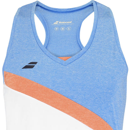 The Babolat Play Women's Padel Tank Top, made from recycled polyester, features a blue neckline with a diagonal orange stripe across the chest intersecting a white section and includes a black logo near the left shoulder.