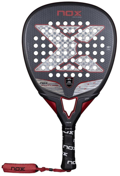The NOX NFA Future Attack 12K Alum Padel Racket features a black and red design, perforated face with a bold "X" center, and offers great power and control. Includes a black grip and wrist strap.