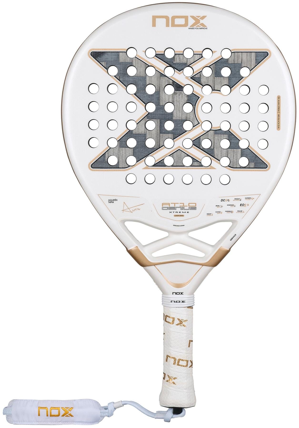 The NOX AT10 Genius 12K Alum Extrem By Agustín Tapia 2026 padel racket features a white frame with gold and gray accents, Tapia’s large "X" design, circular holes, and a white grip with "Nox" branding and matching wrist strap.