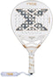 The NOX AT10 Genius 12K Alum Extrem By Agustín Tapia 2026 padel racket features a white frame with gold and gray accents, Tapia’s large "X" design, circular holes, and a white grip with "Nox" branding and matching wrist strap.