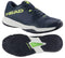 The HEAD Motion Team Men's Padel Shoes in navy and lime boast the brand's name on the side and sole. Designed for lateral control, they feature a 360-degree textured grip with one shoe shown top-down and the other displaying the bottom design.