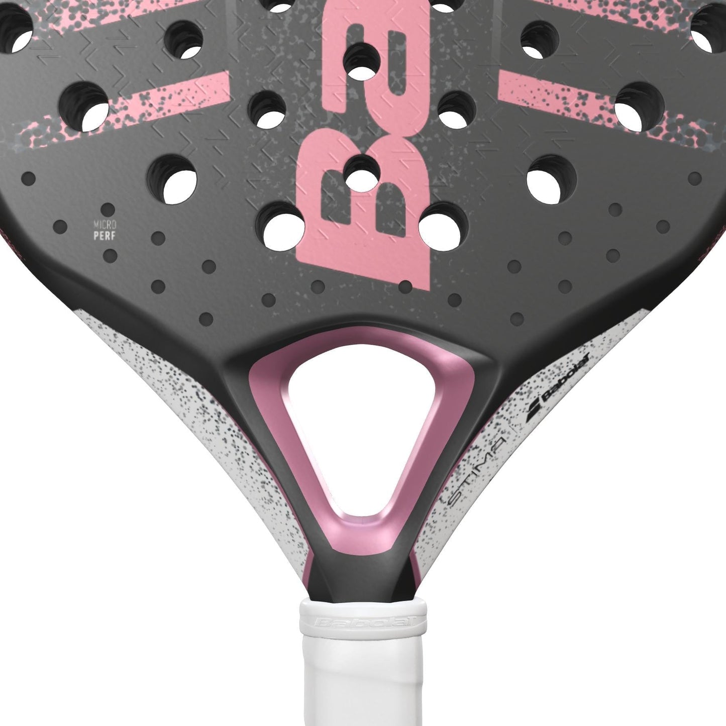 Close-up of the Babolat Stima Spirit Padel Racket by Babolat, featuring a lightweight black and pink head with round holes, white speckled details, and a white grip. Bold pink “BR” lettering stands out on this stylish racket.