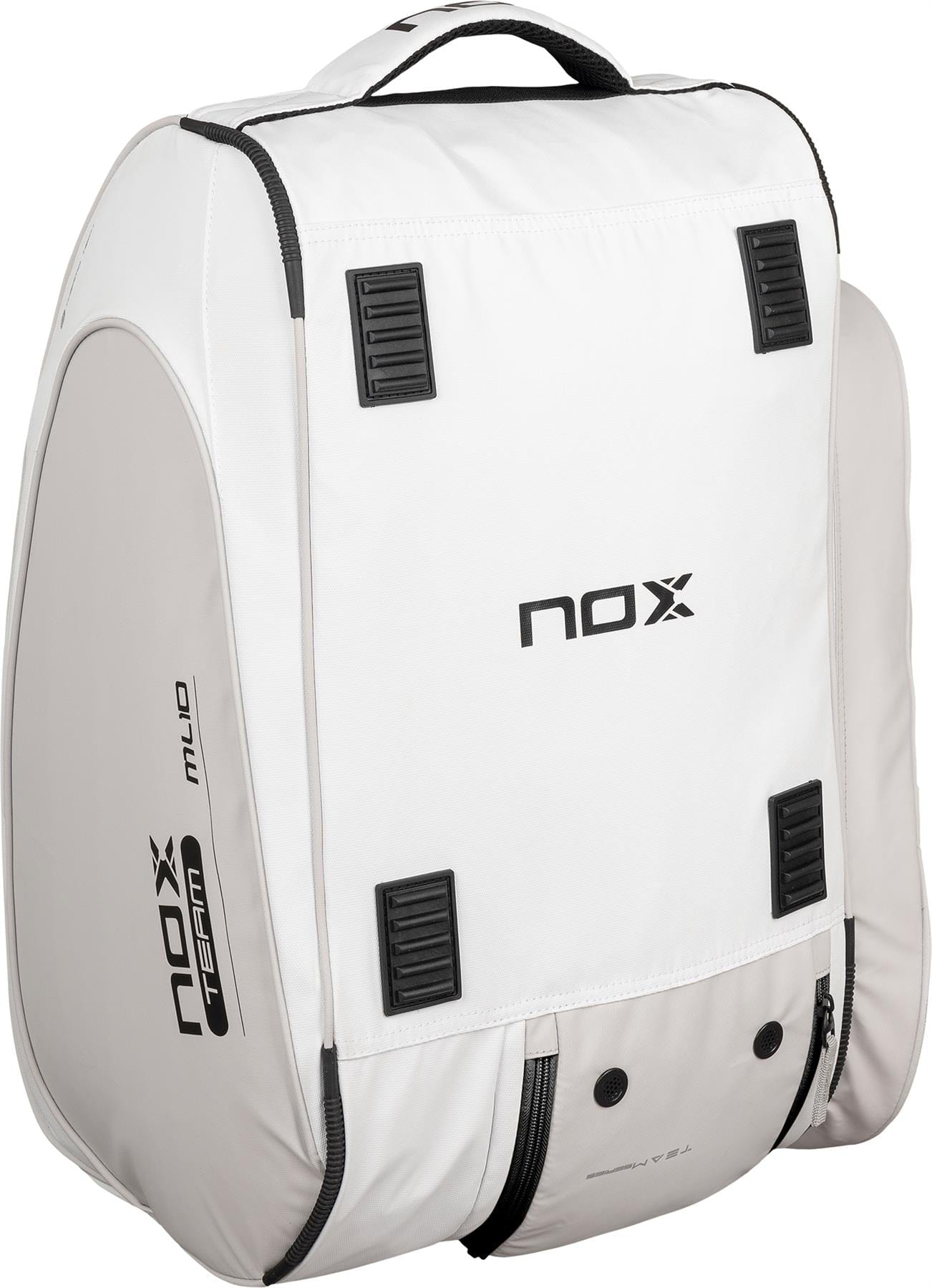 The NOX ML10 Team Padel Racket Bag in white and grey features black zippers, ventilation panels, and a top handle—ideal as your reliable padel or racket bag for every match.