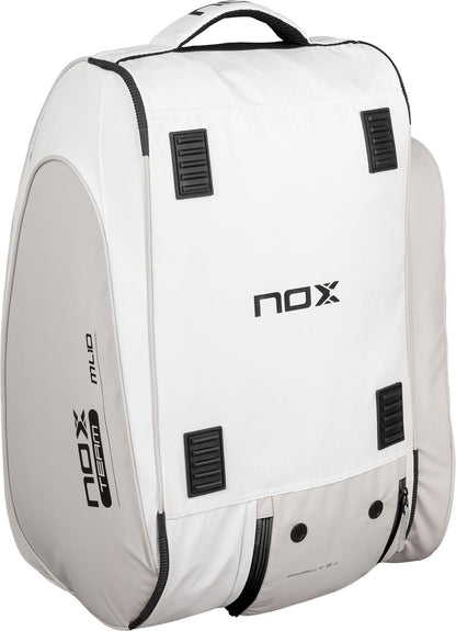 The NOX ML10 Team Padel Racket Bag in white and grey features black zippers, ventilation panels, and a top handle—ideal as your reliable padel or racket bag for every match.