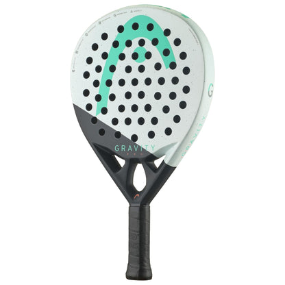 A close-up of the HEAD Gravity Pro 2024 Padel Racket showcases its advanced Spin Surface technology for improved control.