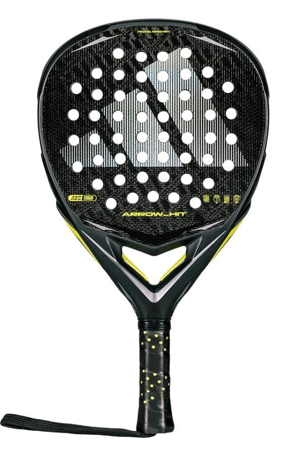 The adidas Arrow Hit 2026 Padel Racket features a black and yellow design, perforated face, intelligent balance system, wrapped handle with yellow dots, and a wrist strap at the bottom.