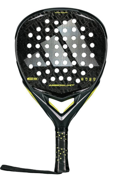 The adidas Arrow Hit 2026 Padel Racket features a black and yellow design, perforated face, intelligent balance system, wrapped handle with yellow dots, and a wrist strap at the bottom.